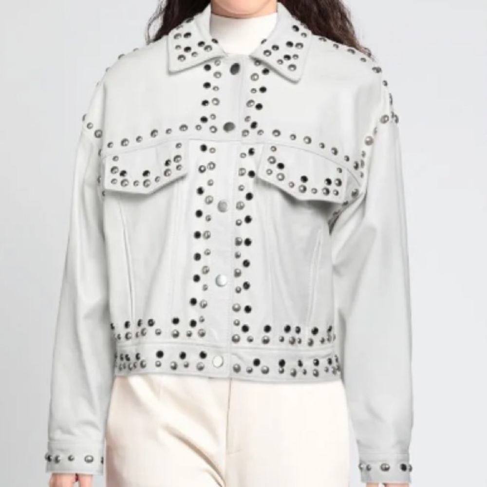 MSRP$490 STREET LEATHER Biker Jacket Size S Ivory Studded Made in Italy